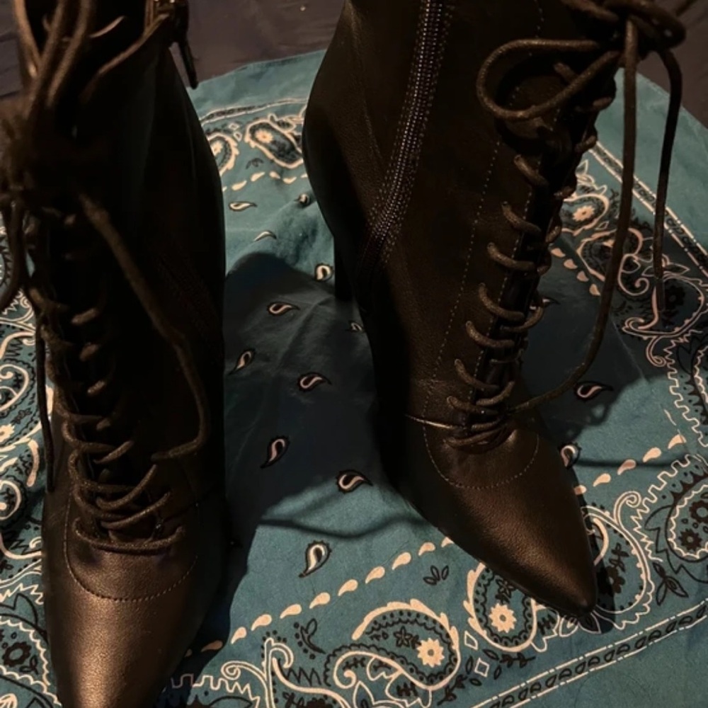 Forever 21 Black Lace-Up Pointed Wedge Ankle Boots